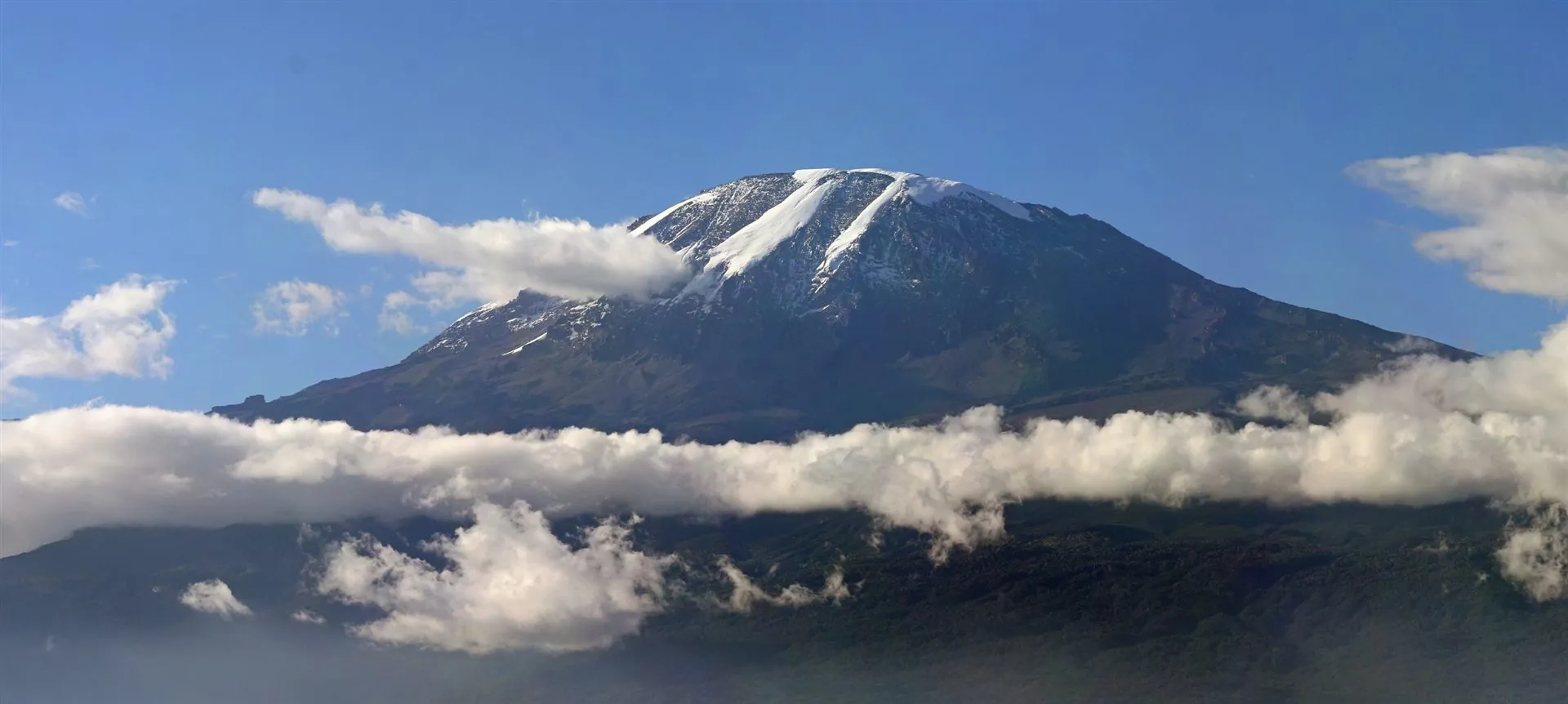 Kilimanjaro's snow-streaked summit rising above a band of cloud
