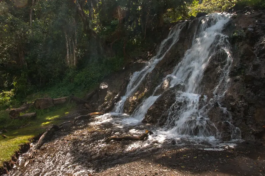 A stream off Mount Meru spilling down a wide rock face into a shallow forest basin